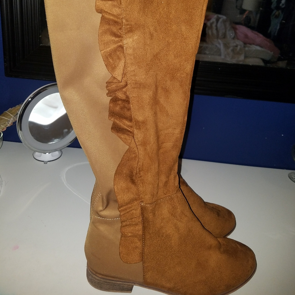 Knee high velvet ruffle boots